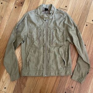 Michael Jordan Linen Utility Cargo Shirt Jacket Khaki Tan Full Zip Men Small